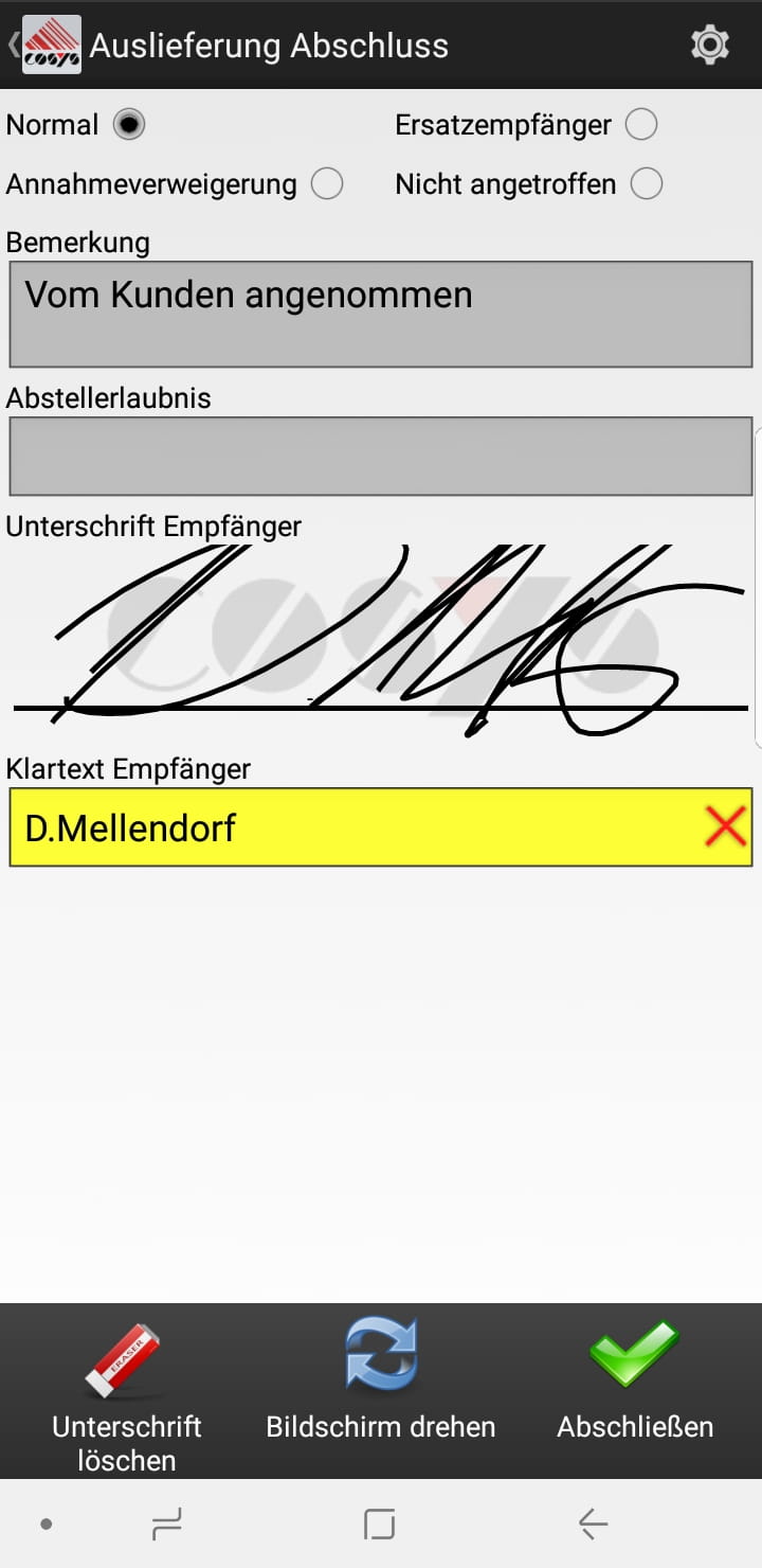 Goods receipt selection Android software from COSYS
