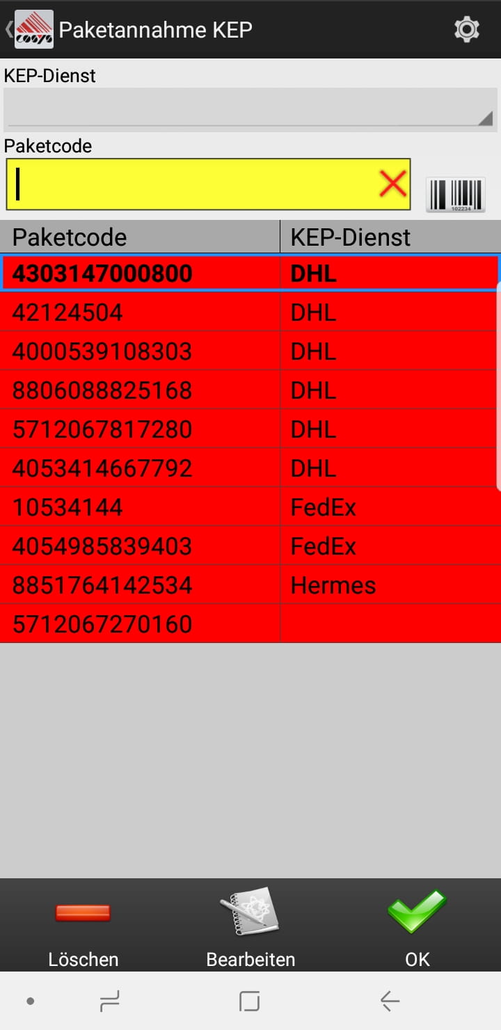 Wareneingang Auswahl Android Software von COSYS