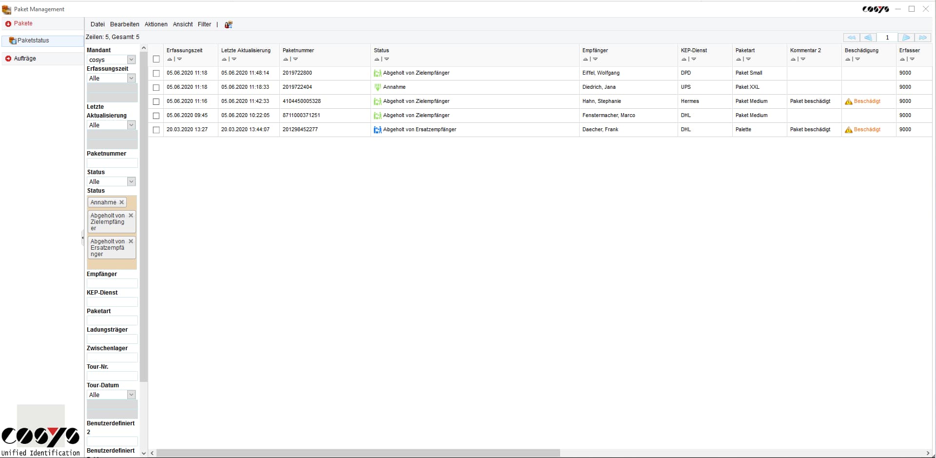 Paketshop COSYS WebDesk Shipment status Paketshop COSYS WebDesk Shipment status