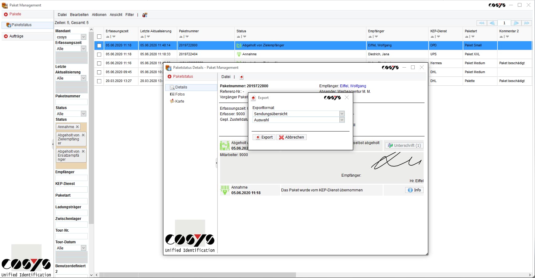 Shipment status COSYS Package Management Shipment status COSYS Package Management