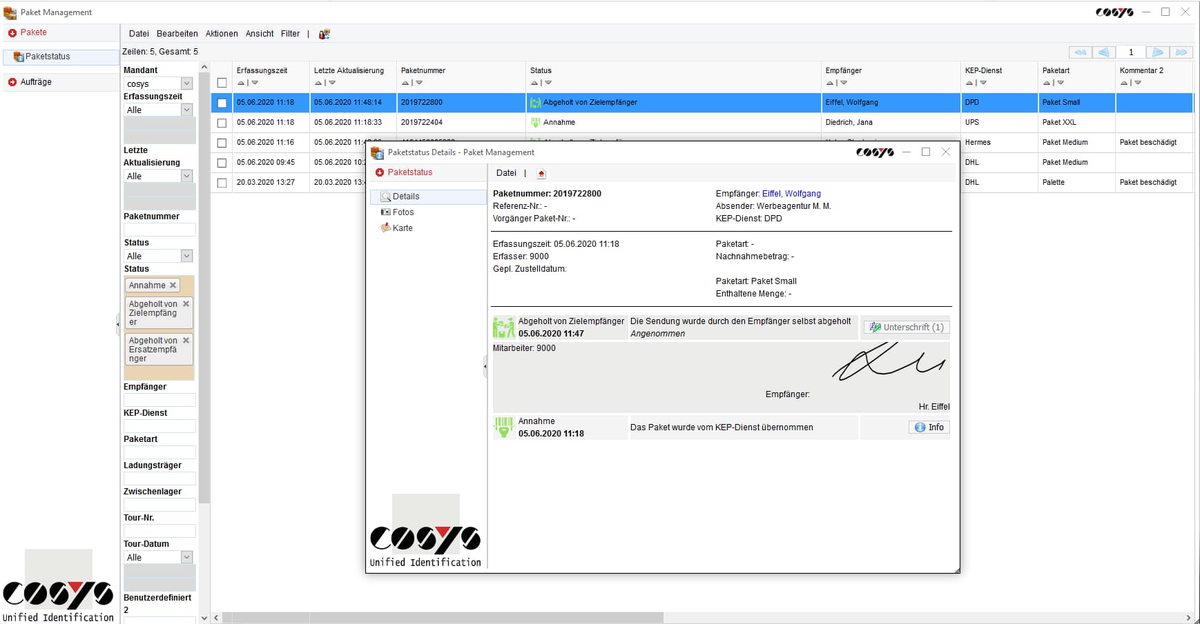 Shipment status COSYS Package Management Shipment status COSYS Package Management