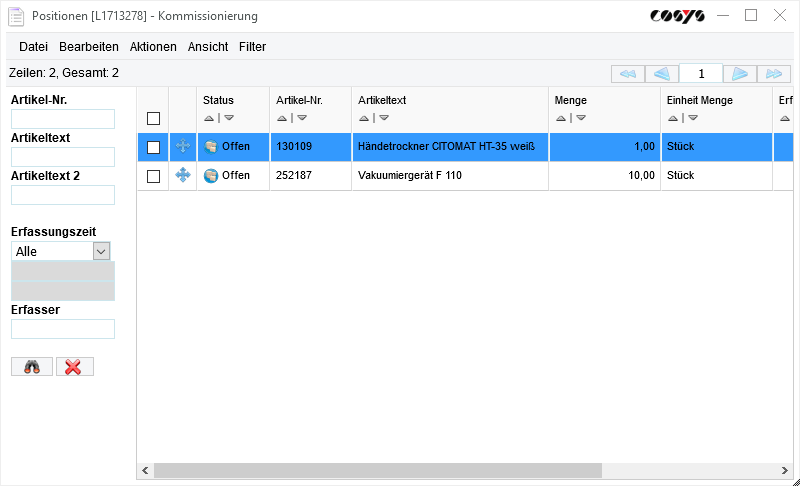 Selection of items from the picking order